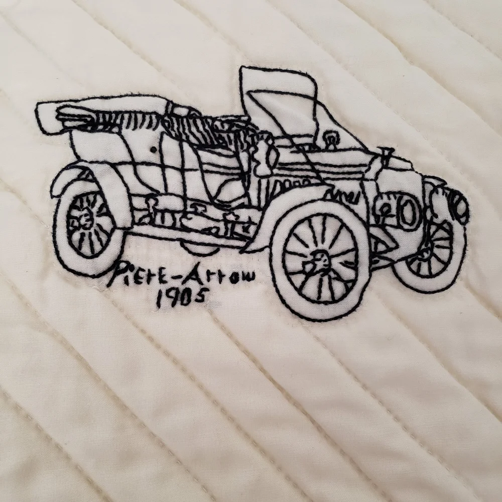 King Queen Quilt Embroidered Antique Cars Grey White Hand Stitched Needlepoint